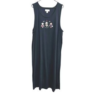 Teacher Embroidered Sleeveless Dress 2X Navy Folk Art Whimsical Plus Size